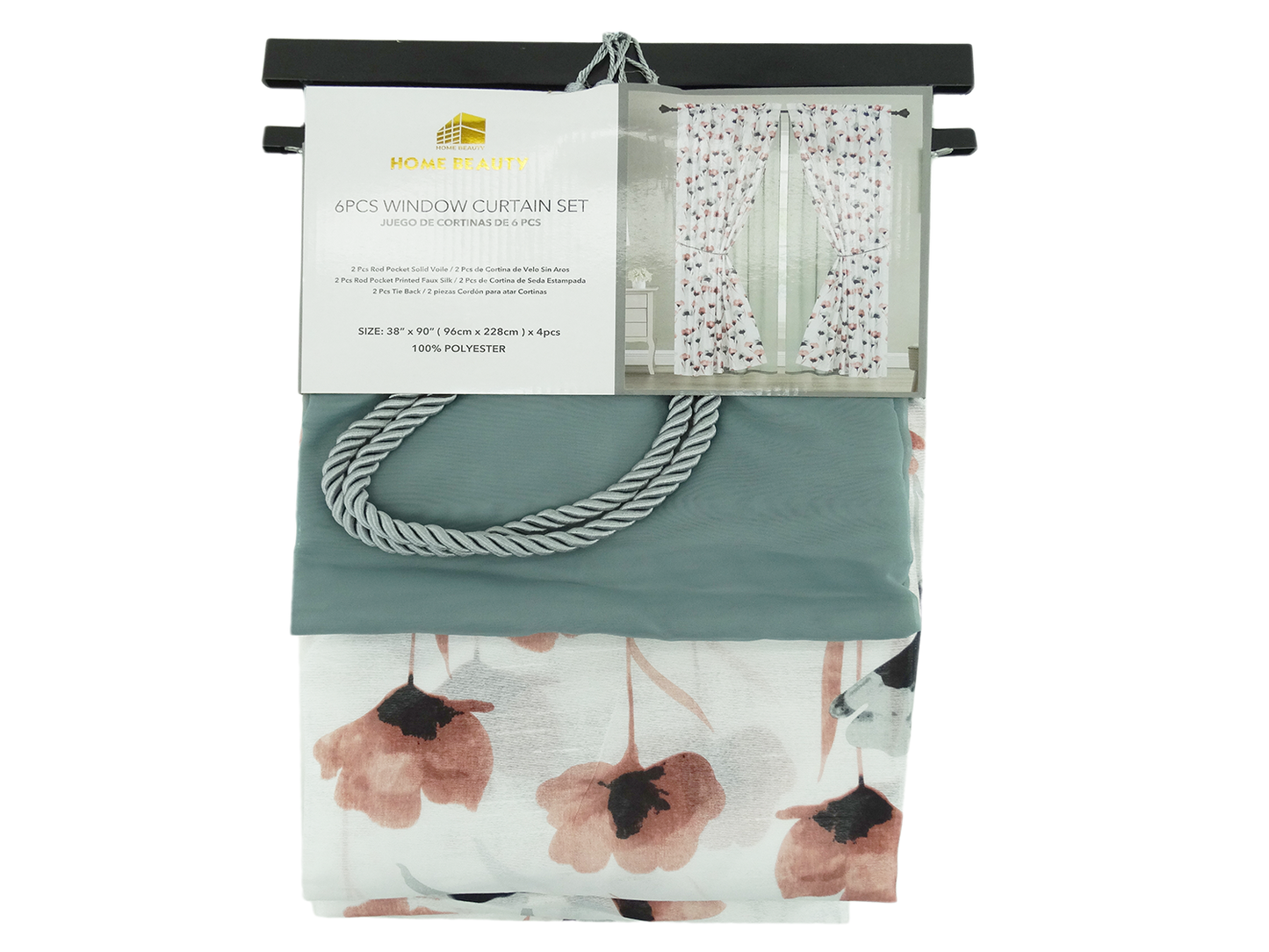 80244159, Home Beauty - 6Pc Printed Voile Curtain w/Tie Back (38x94)