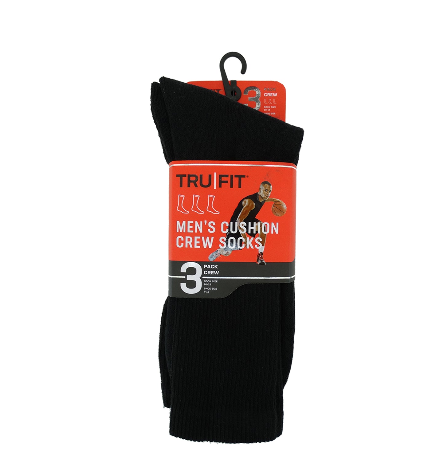 BC10293, Tru|Fit Men 3Pk Crew Athletic Socks Black 7-12