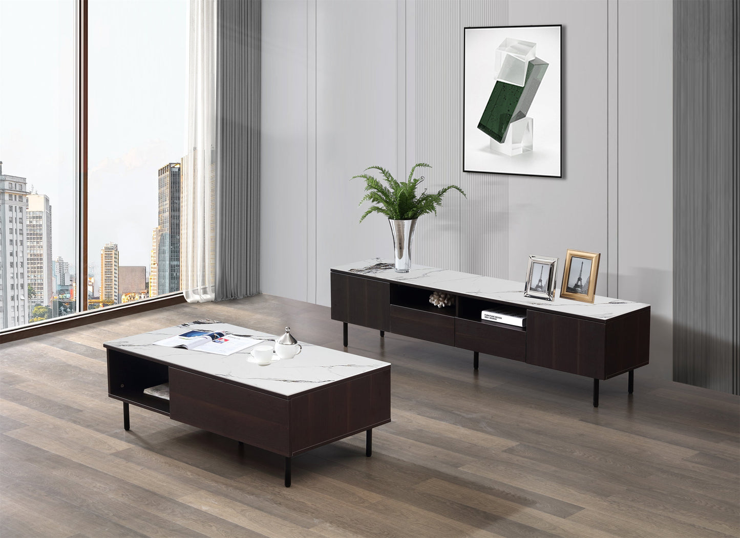 DZ29D2TV, TV Cabinet W Marble Top Dark Oak Glossy (1200x600x406)