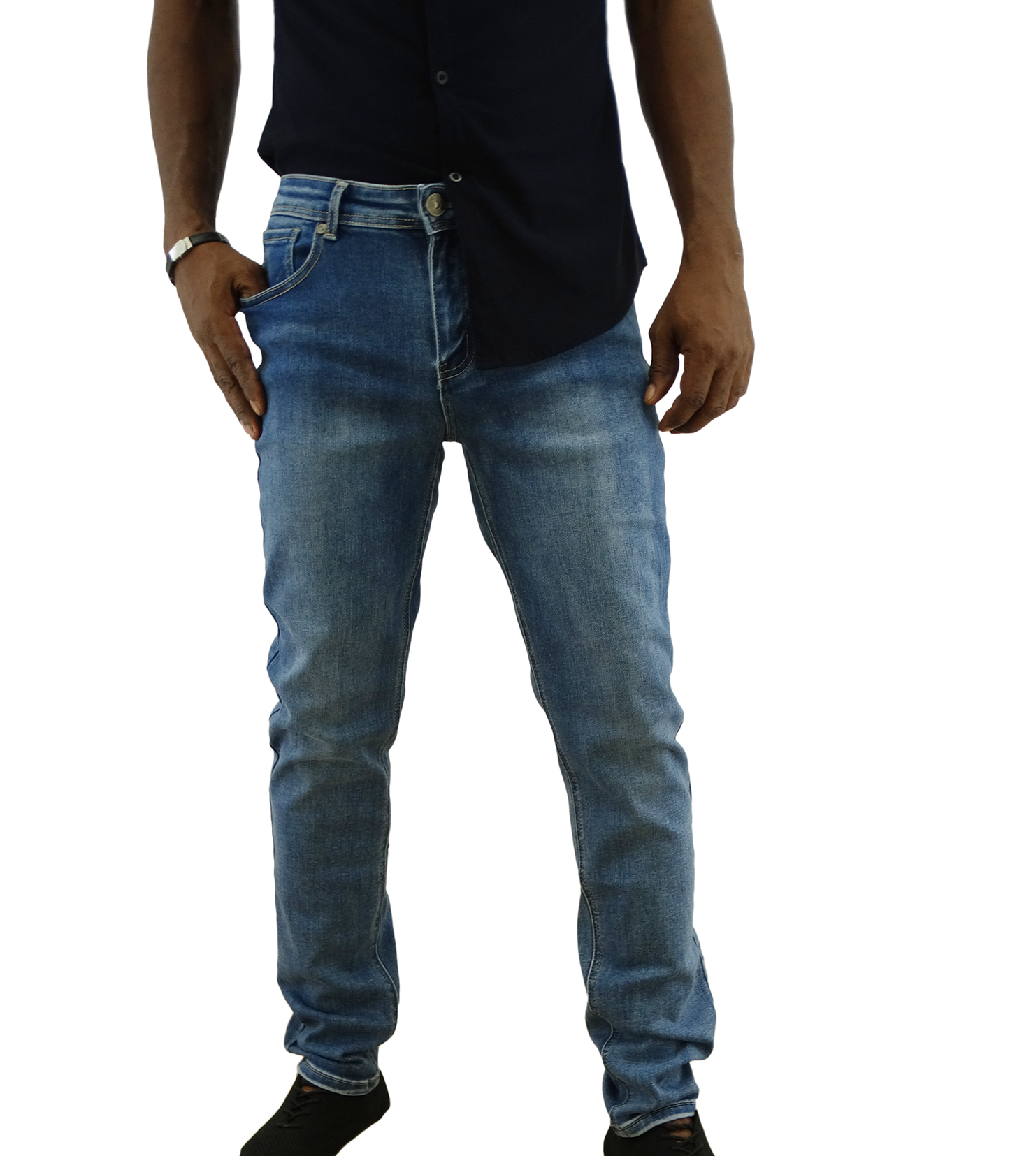 W54, Men's British Denim Straight Stretch Jeans - Med Blue (30-40)