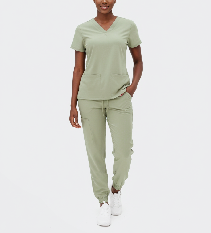 1502, Just Scrub, 4-Way Stretch Jogger Scrub 2pc Set V-Neck & Cargo Pants S-2XL - Khaki