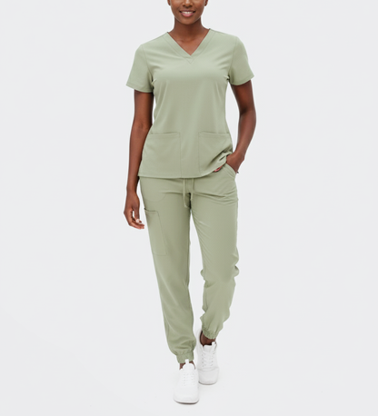 1502, Just Scrub, 4-Way Stretch Jogger Scrub 2pc Set V-Neck & Cargo Pants S-2XL - Khaki