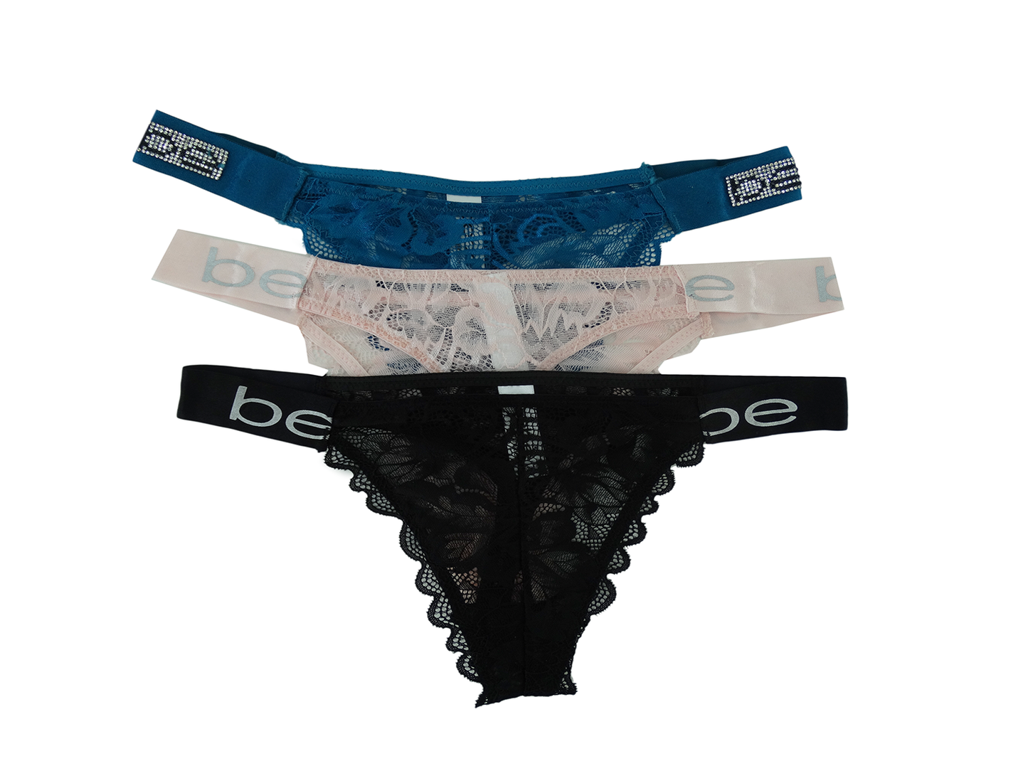 3PKT1145, BEBE, 3pk Lace Thong Deep Lagoon