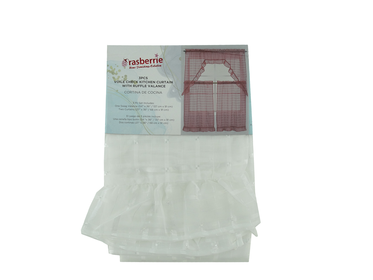 80229177, Rasberrie - Kitchen Curtains Voile 3PC Set (54x36)