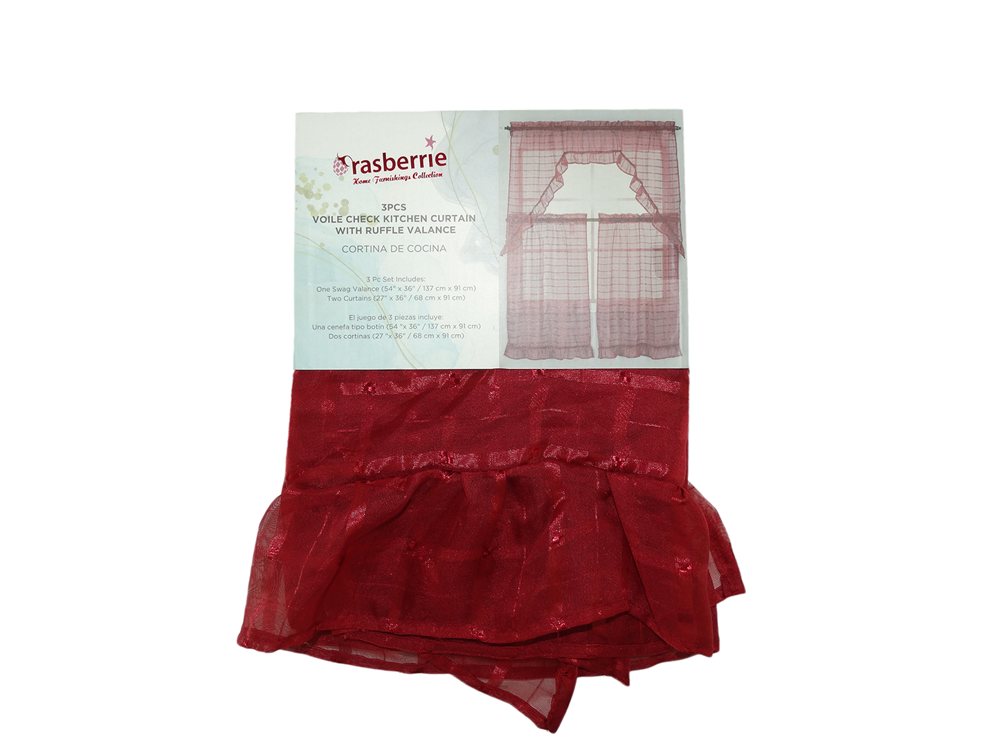 80229177, Rasberrie - Kitchen Curtains Voile 3PC Set (54x36)