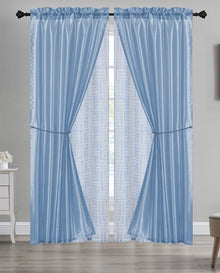 80244152, Home Beauty - 6Pc Printed Voile Curtain w/Tie Back (38x94) Lt. Blue