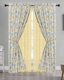 80244157, Home Beauty, Voile Printed 6PC Faux Silk Curtain W/Tie Back (38x90) - Yellow
