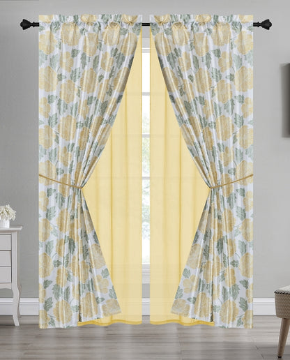 80244157, Home Beauty, Voile Printed 6PC Faux Silk Curtain W/Tie Back (38x90) - Yellow