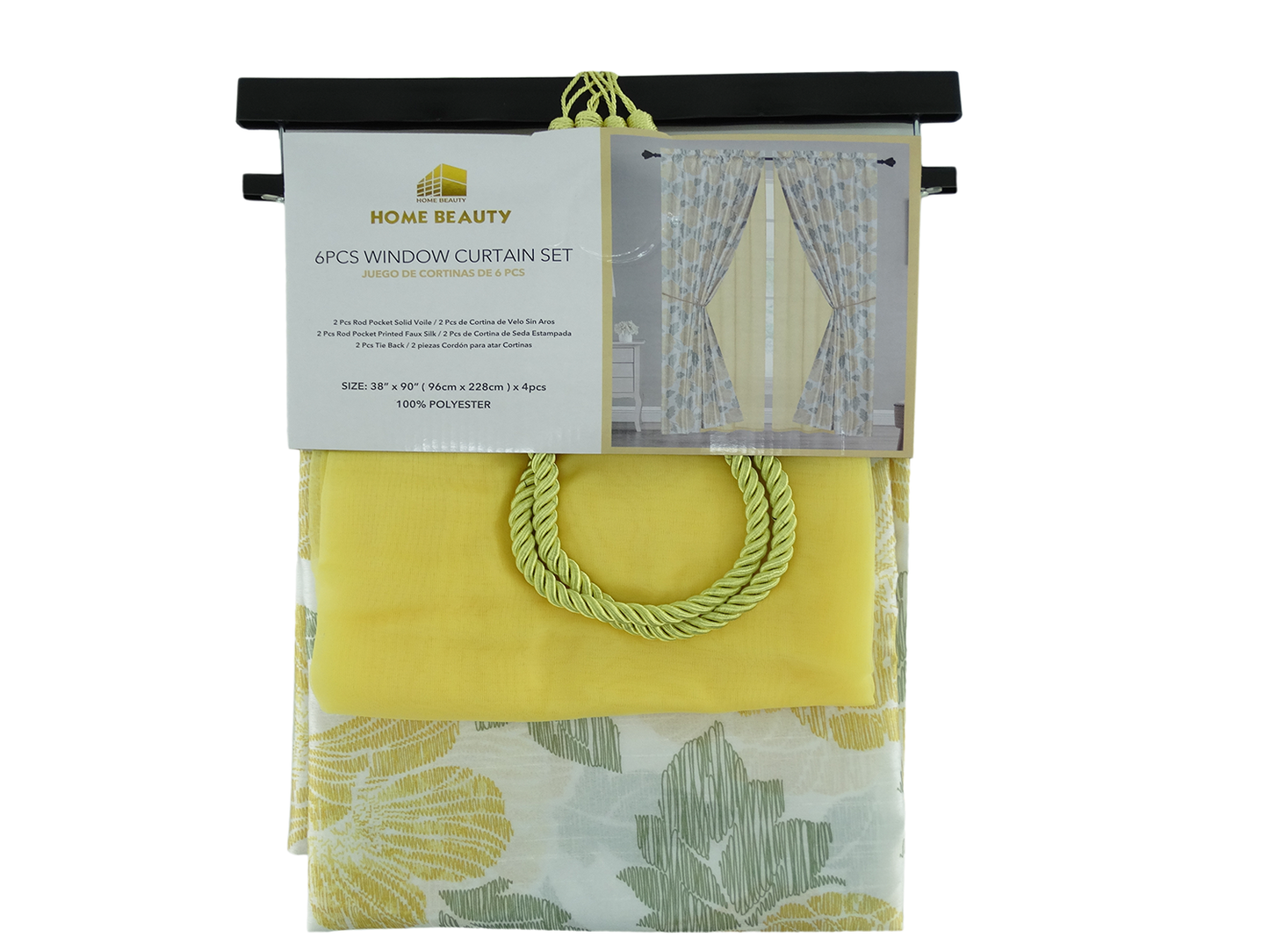80244157, Home Beauty, Voile Printed 6PC Faux Silk Curtain W/Tie Back (38x90) - Yellow