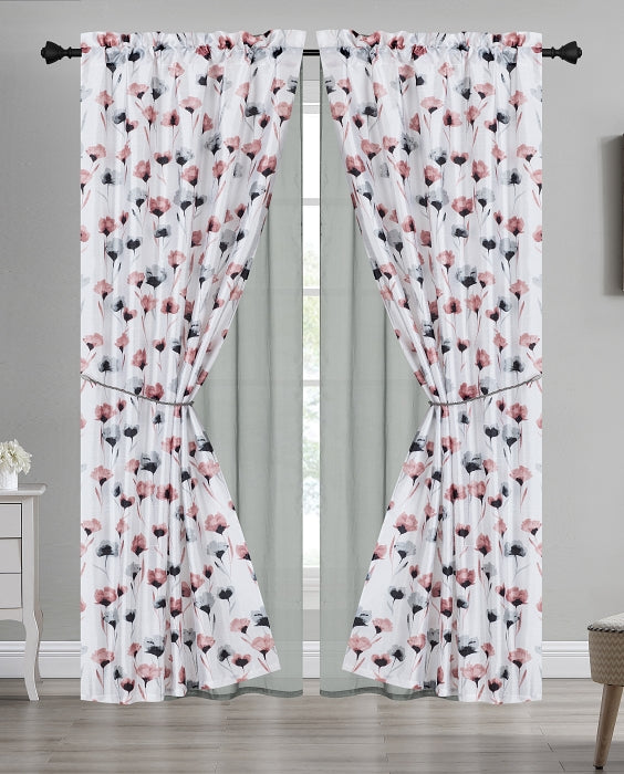 80244159, Home Beauty - 6Pc Printed Voile Curtain w/Tie Back (38x94)