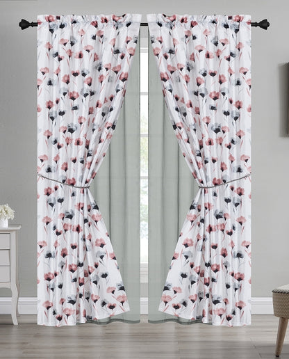 80244159, Home Beauty - 6Pc Printed Voile Curtain w/Tie Back (38x94)