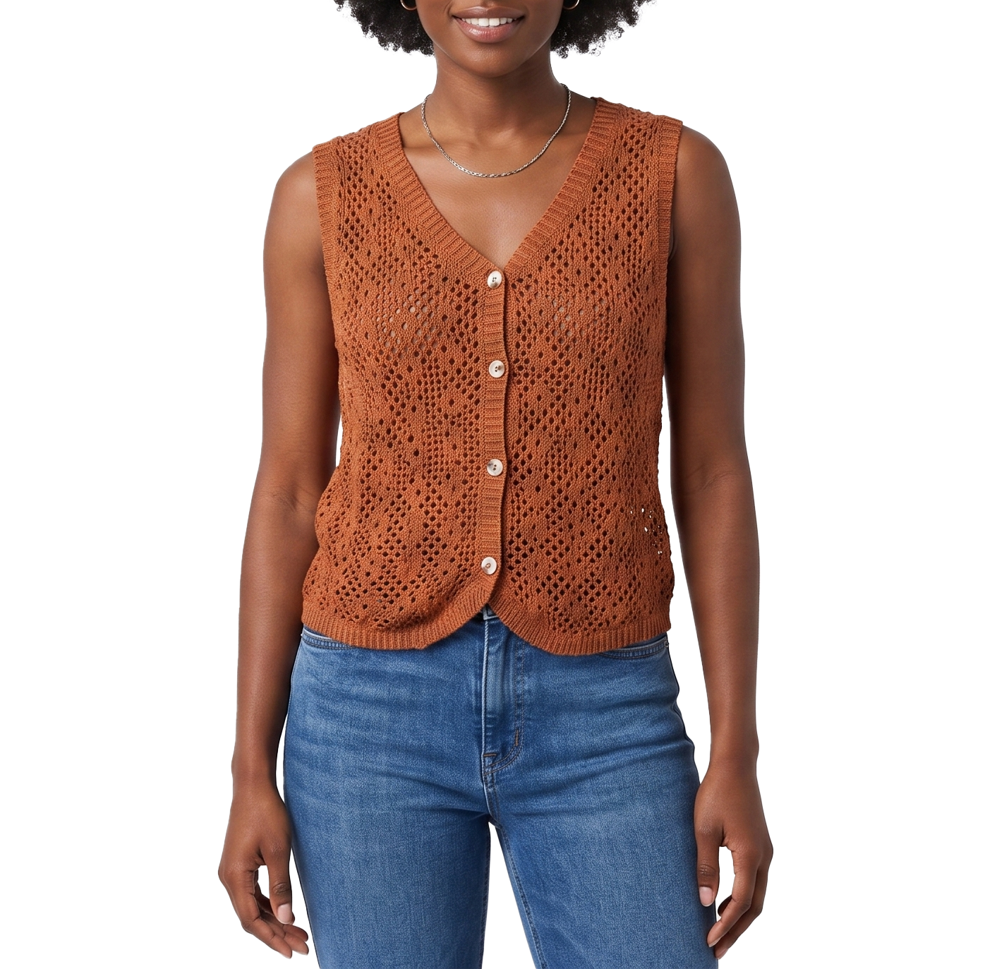 AS614, Cozzi - Women's V-Neck Sleeveless Knit Mesh Top