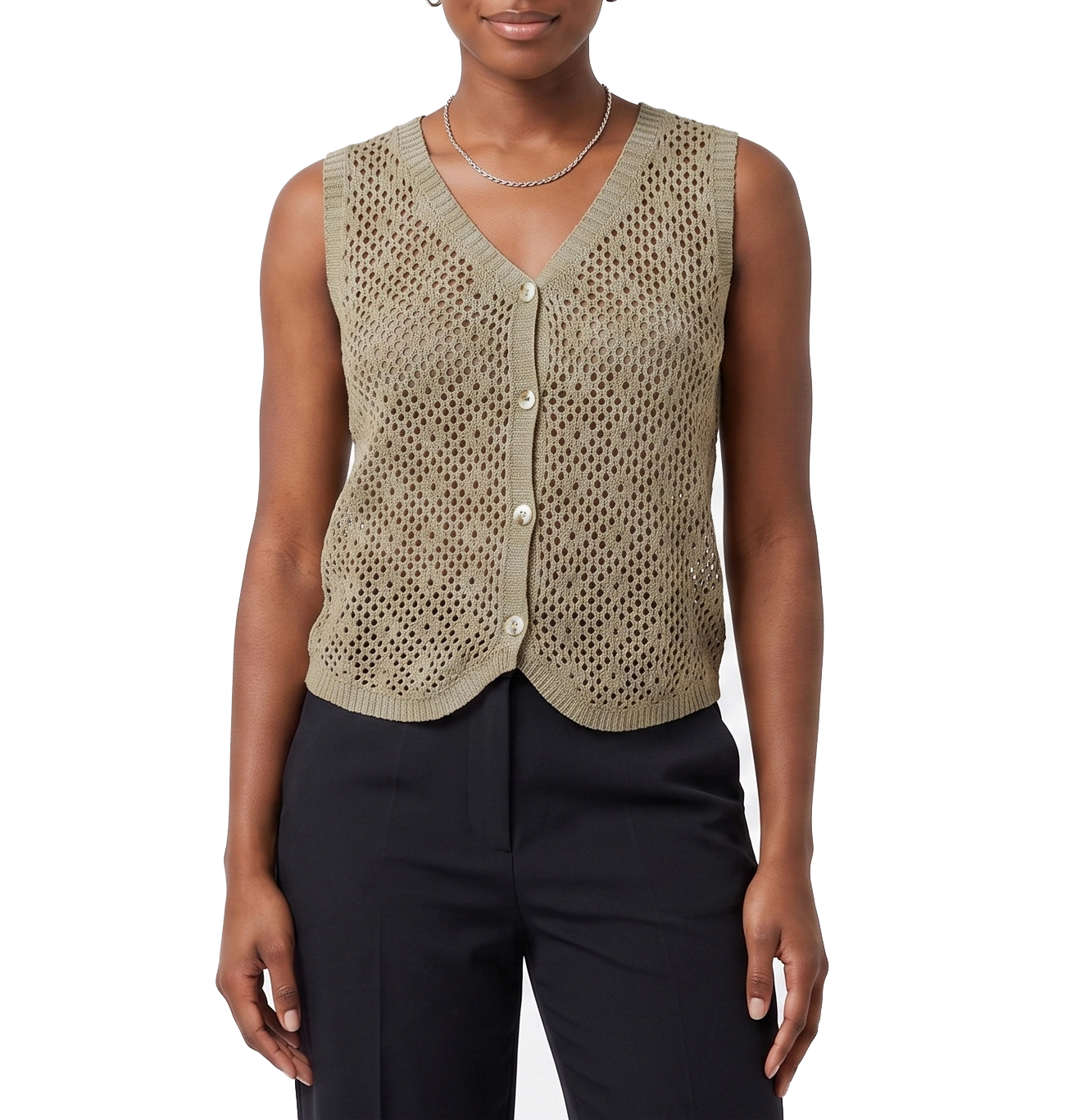 AS614, Cozzi - Women's V-Neck Sleeveless Knit Mesh Top