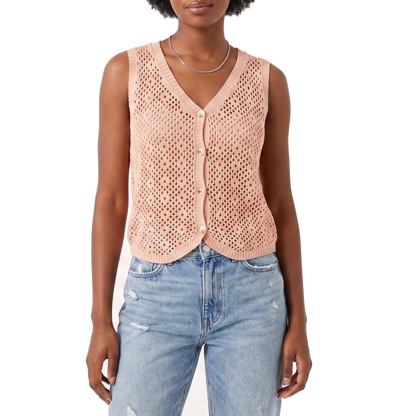 AS614, Cozzi - Women's V-Neck Sleeveless Knit Mesh Top