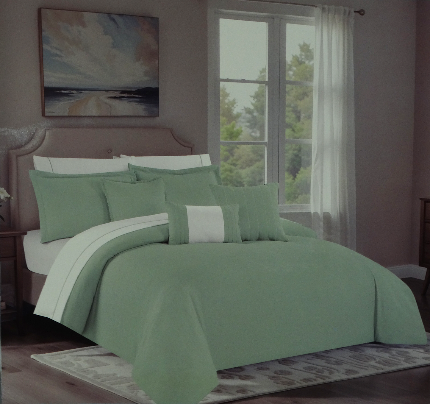 BCSQ46481B, Gather Hem - 10Pc Queen Comforter Set - Pale Sage