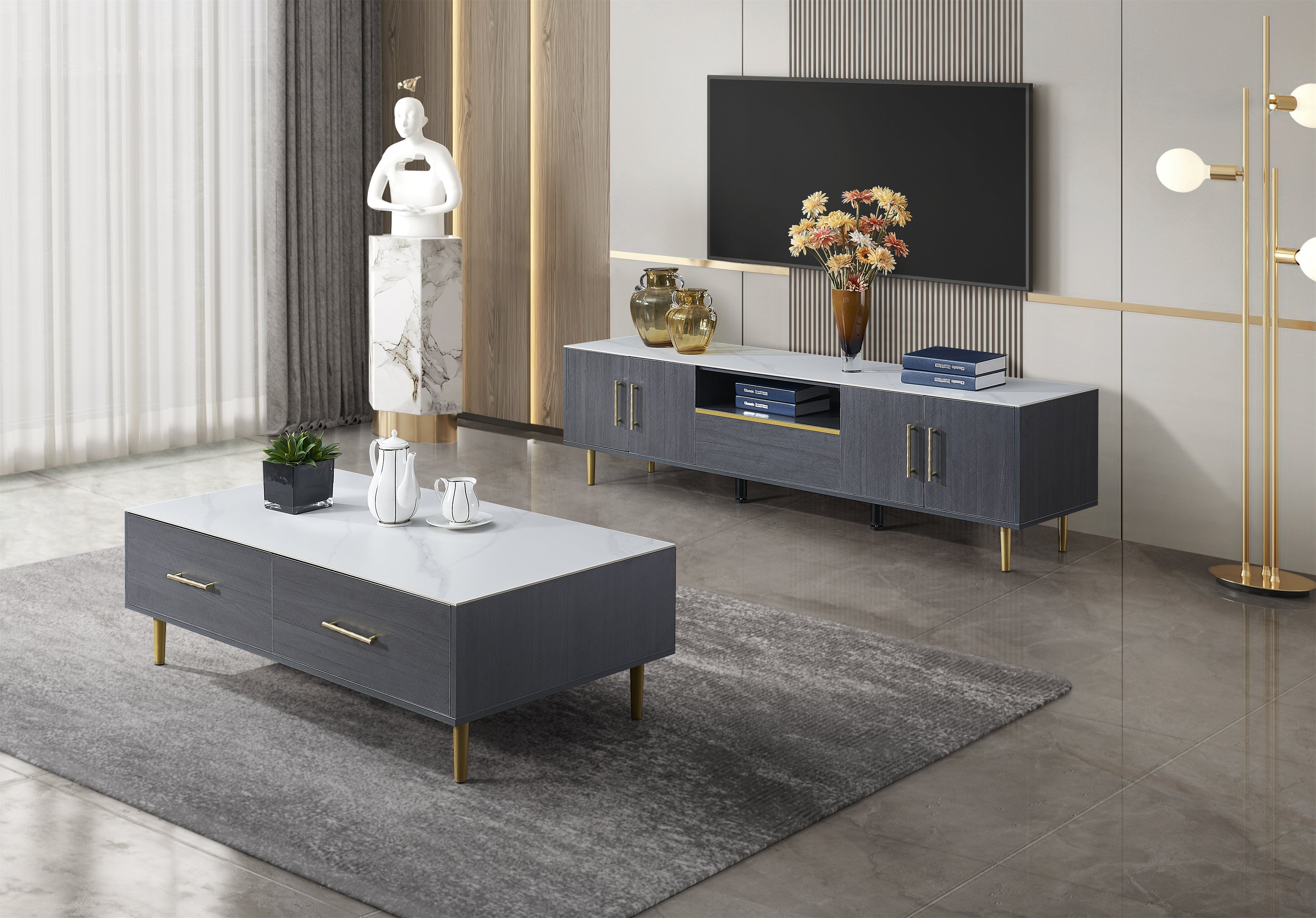 DZ27C, Coffee Table W Marble Top Blue + Snow Mountain White