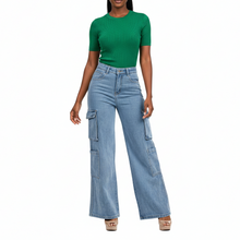 GUJ70511, Gusto - Women's Wide Leg Cargo Jeans 3/4-15/16 - Blue