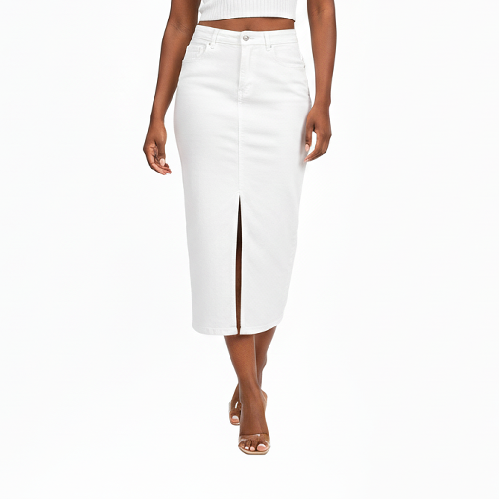 GUJ7071WT, Gusto - Women's Pocketed Split Front Denim Skirt S-XL White