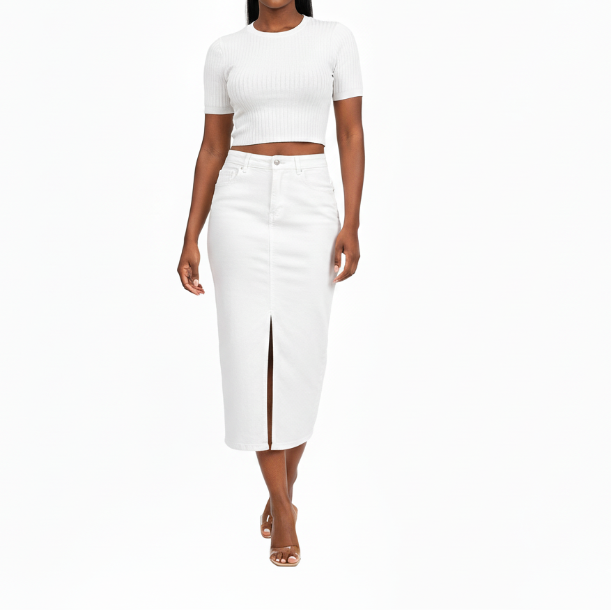 GUJ7071WT, Gusto - Women's Pocketed Split Front Denim Skirt S-XL White