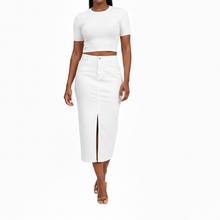 GUJ7071WT, Gusto - Women's Pocketed Split Front Denim Skirt S-XL White