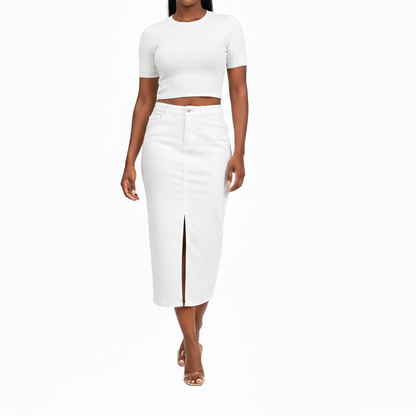 GUJ7071WT, Gusto - Women's Pocketed Split Front Denim Skirt S-XL White