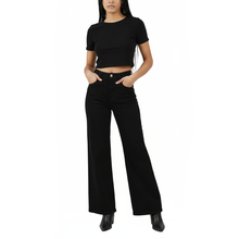 GUJ7129BK, Gusto - Women's Wide Leg Stretch Jeans 3/4-15/16 - Black