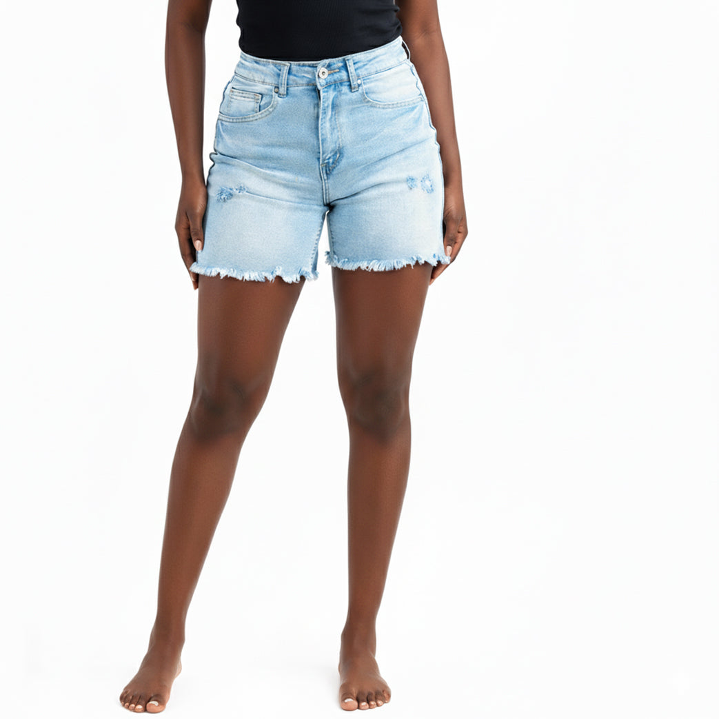 GUJ7153, Gusto - Women's Distressed Denim Shorts 3/4-15/16 - Lt. Blue