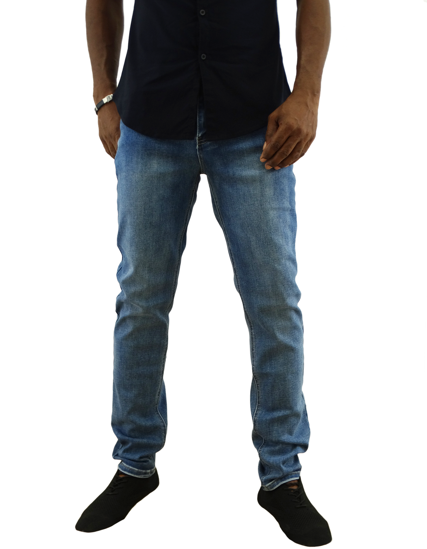 W54, Men's British Denim Straight Stretch Jeans - Med Blue (30-40)