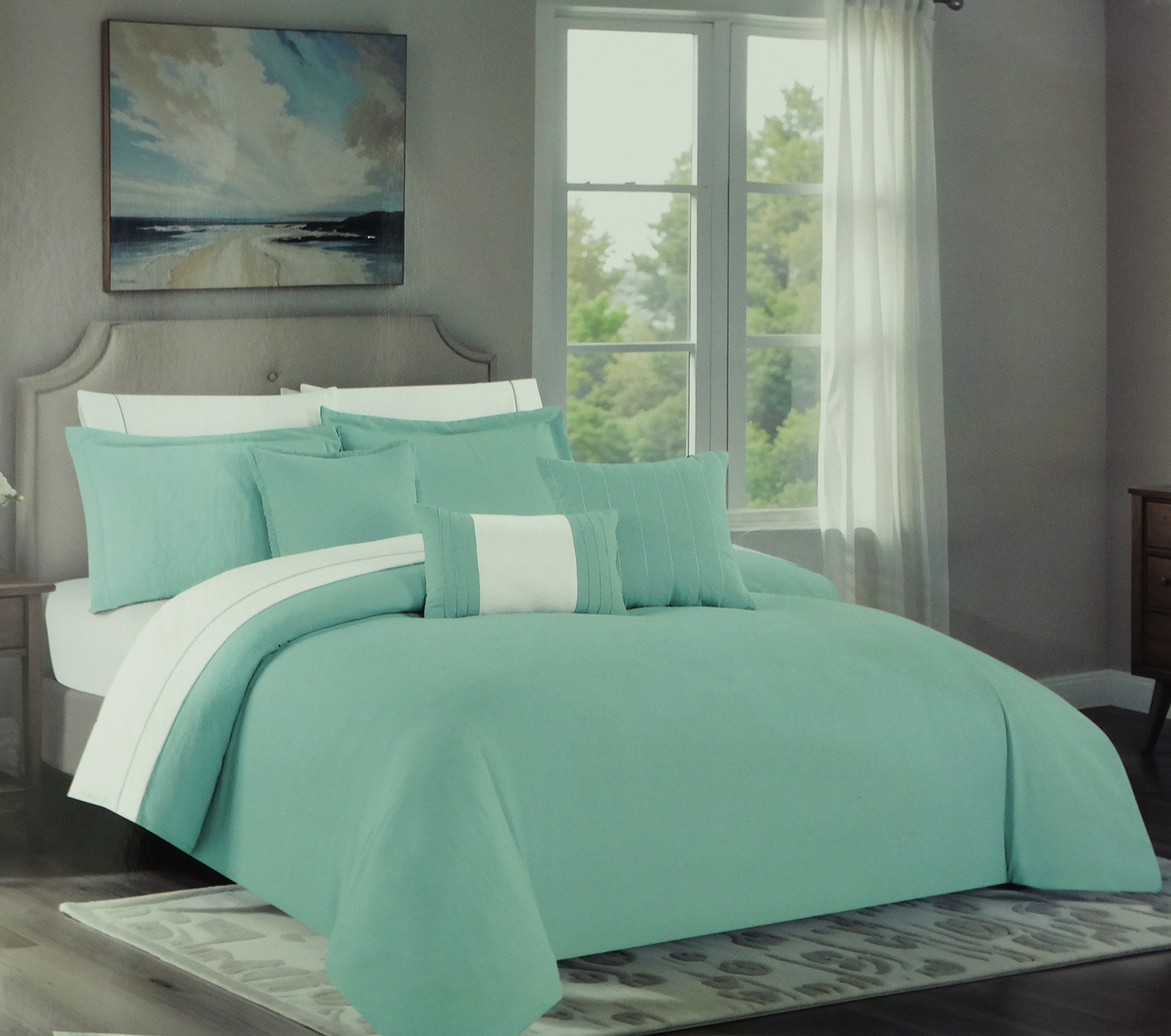 BCSQ49552A, Gather Hem - 10Pc Queen Comforter Set - Blue Haze