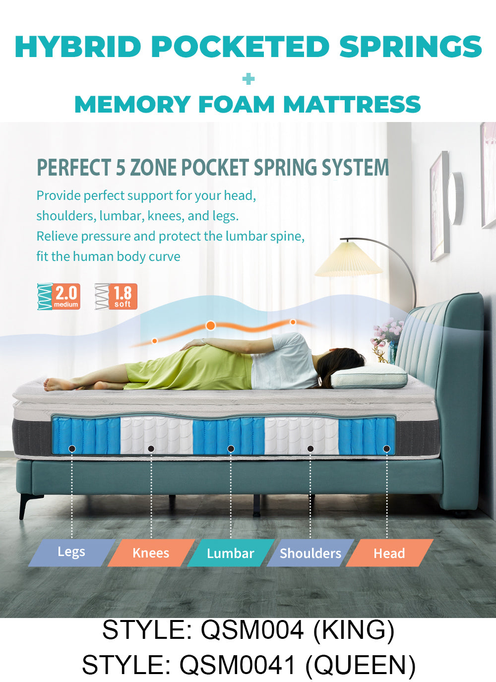 QSM004, Ekhaya Design King Mattress 193x203x30cm Hybrid Pocketed Springs + Memory Foam