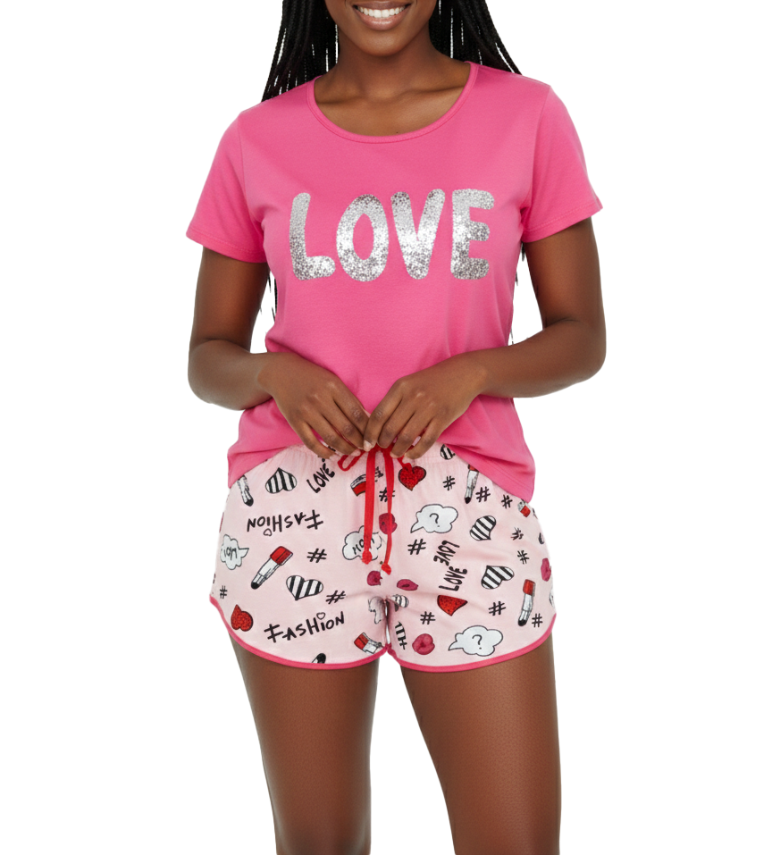 SF1660S, EJ Ladies 2pc Milky S/S Tee/Short PJ Set Love S-XL