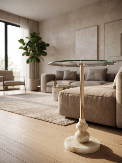 D044, Round Glass Accent Side Table w/ Marble Base