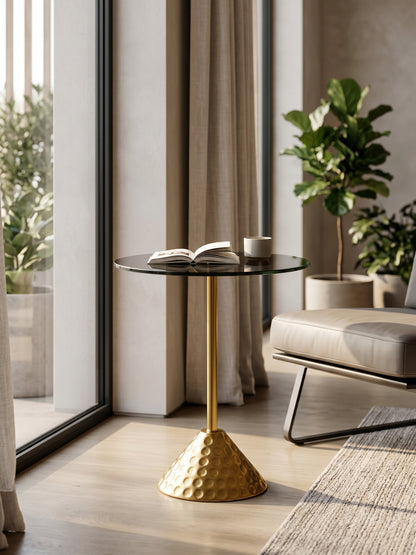 D042, Round Glass Accent End Table - Gold Finish Base