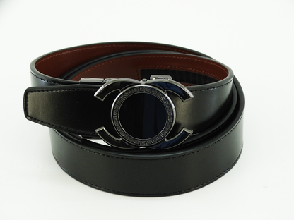 V533B, Valentini Men's Leather Track Belt (44) - BLACK